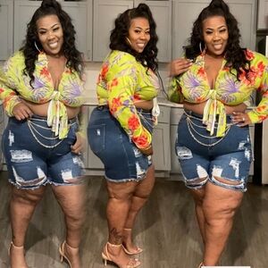 Floral Tie-Front Blouse and Distressed Denim Shorts Set